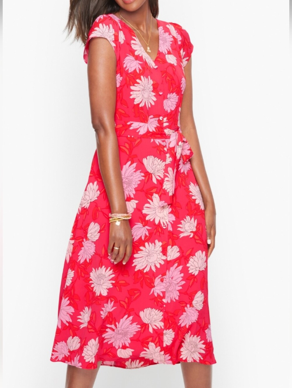 Talbots Coral Red And Pink Chrysanthemum Midi Shirt Dress With Belted Waist Sz6